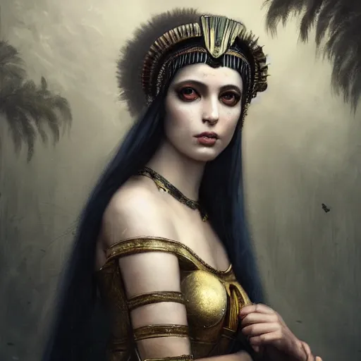 Prompt: like dust, magic gathers in overlooked places, photorealistic portrait of cleopatra in style of tom bagshaw and greg rutkowski. absolutely stunning!, sitting on the palace stairs, symmetrical perfect face, porcelain skin, ultra - detailed, digital art, 8 k