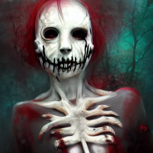 Image similar to pale necro beautiful bone girl, decaying rich bleeding colors!, digital painting, black void liminal realm, devianart, a picture taken by Michael Komarck and jason voorhees and freddy krueger