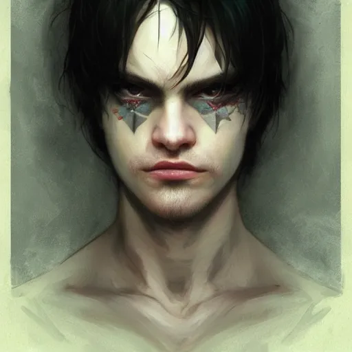 Prompt: kinda sleep deprived emo man with a star tattoo on his face, highly detailed, sharp focus, artstation, digital painting, by artgerm and greg rutkowski and alphonse mucha