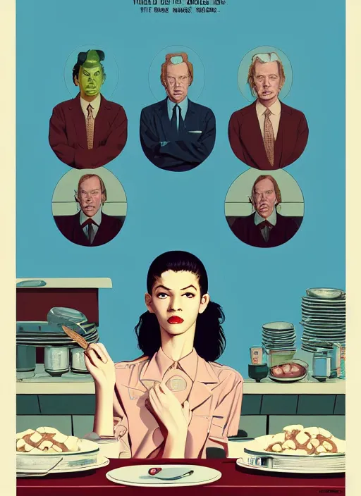 Prompt: Twin Peaks poster artwork by Michael Whelan, Bob Larkin and Tomer Hanuka, of portrait of Zendaya wearing baby blue color waitress dress, working at diner, serving cherry pie, from scene from Twin Peaks, simple illustration, domestic, nostalgic, from scene from Twin Peaks, clean, full of details, by Makoto Shinkai and thomas kinkade, Matte painting, trending on artstation and unreal engine