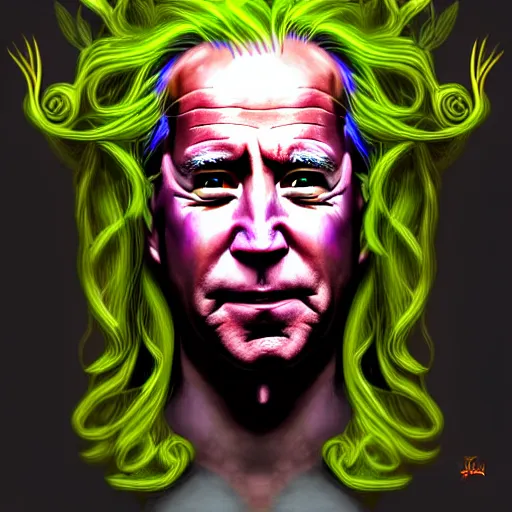 Image similar to an extremely psychedelic portrait of joe biden as medusa, surreal, lsd, face, detailed, intricate, elegant, lithe, highly detailed, digital painting, artstation, concept art, smooth, sharp focus, illustration