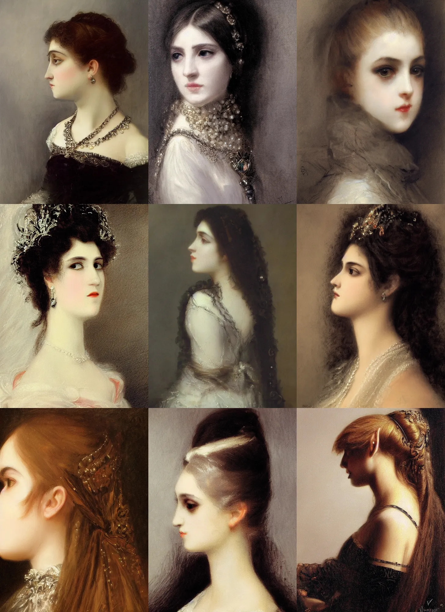 Prompt: closeup face profile portrait of gothic princess. by william - adolphe bouguerea highly detailded