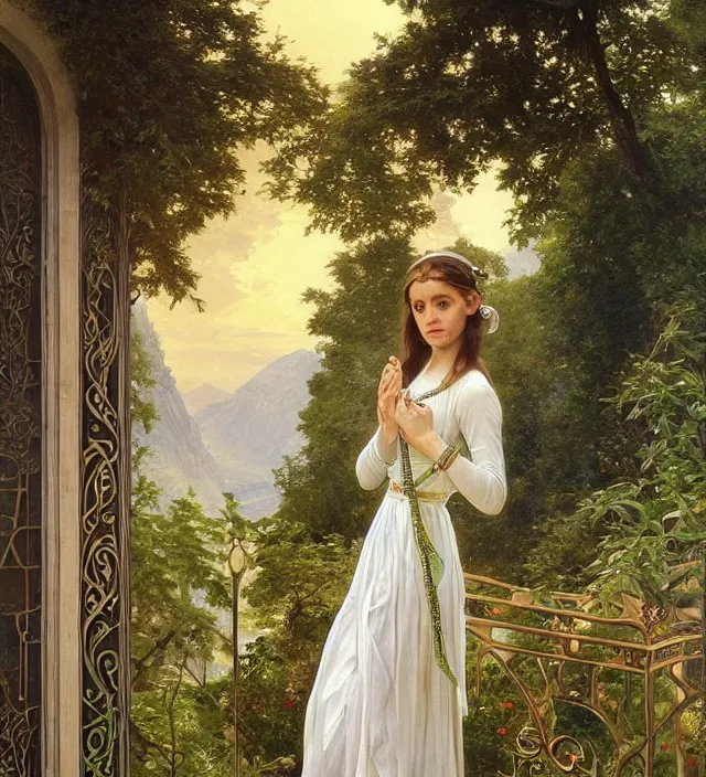 Image similar to intricate oil painting of a young elf alicia vikander with pointed elf ears wearing ornate white and light green dress with silver belt, looking out at sunrise over rivendell from her art nouveau balcony, elegant, digital painting, sharp focus, illustration, ultra realistic, 8 k, by bouguereau, alphonse mucha, artgerm, and donato giancola