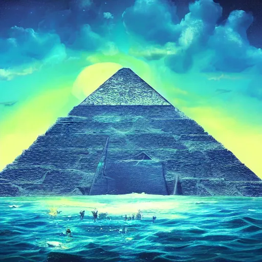 Prompt: ancient pyramid in the middle of the sea, retrowave epic art, trending on art station