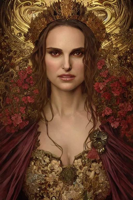 Image similar to natalie portman as queen of the undead, painted by nekro, alphonse mucha, dark - fantasy, intricate detail, artstation, cgsociety, rococo, gold leaf art