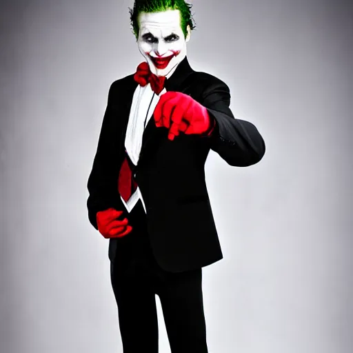 Prompt: the joker from the dark knight posing for senior prom photos, wearing black suit with red tie | digital photograph