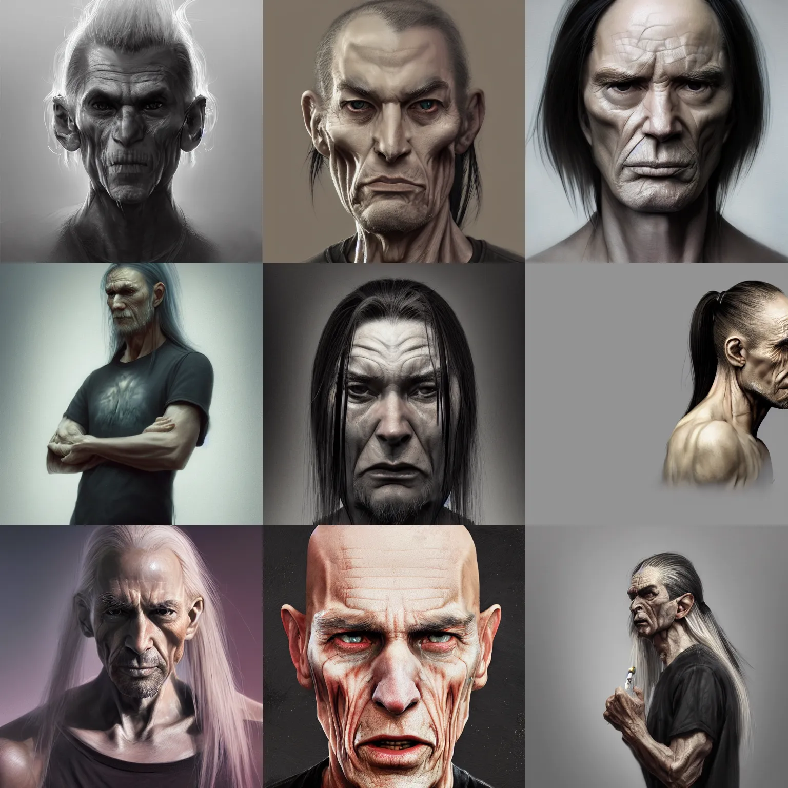 Prompt: grumpy man, 4 5 yo, emaciated long face, shaved, extremely long blonde straight hair in a ponytail, black t - shirt, 3 d render, hyper - realistic detailed portrait, ruan jia, wlop. scifi, fantasy, magic the gathering, hyper detailed, octane render, concept art, peter mohrbacher