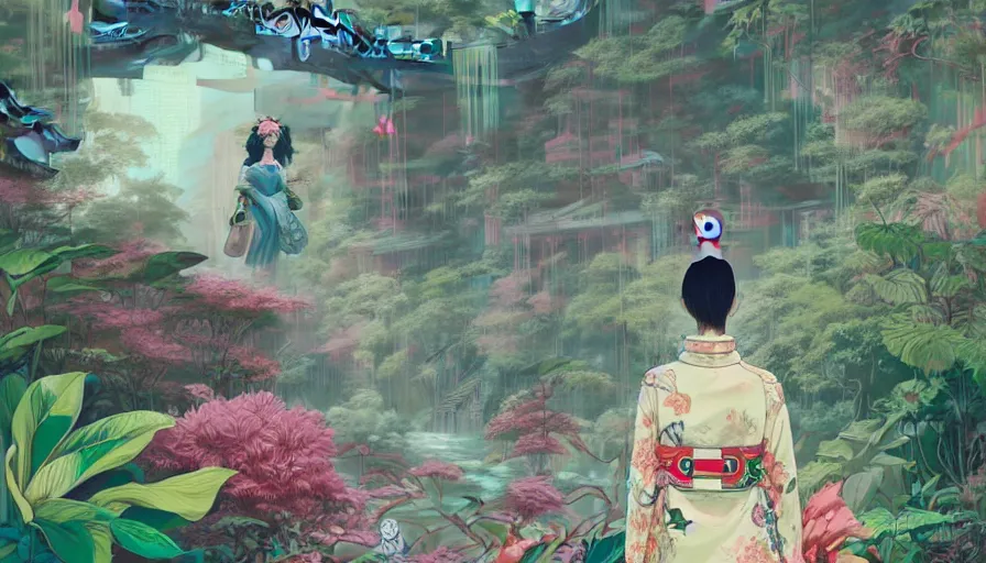 Image similar to a digital painting of a woman in the distance wearing gucci exploring a magical japanese temple, lush plants and flowers, eco - cyberpunk art by james jean, cgsociety, retrofuturism, anime aesthetic, chromatic, iridescent, uhd