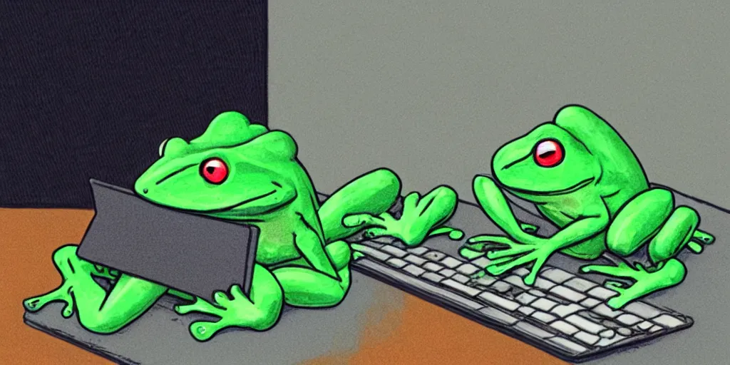 Image similar to peepo the frog lying on his bed with a laptop, crying as his heart breaks after reading an announcement on discord, sad lo-fi vibes, dramatic