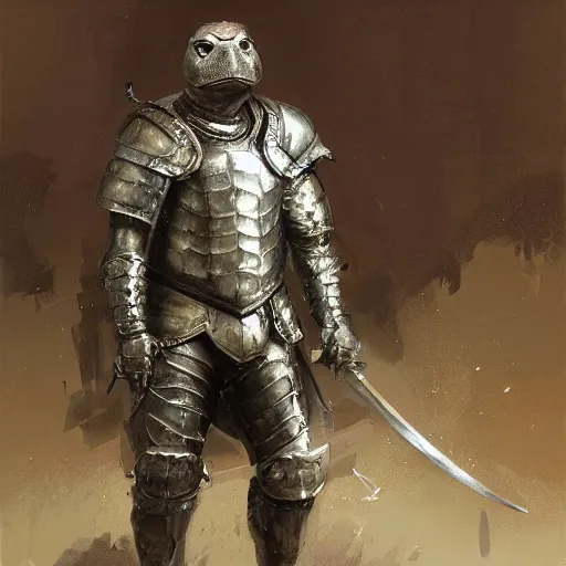 Prompt: portrait of a turtle as a mighty warrior wearing silver armor, holding sword, by craig mullins, jeremy mann.