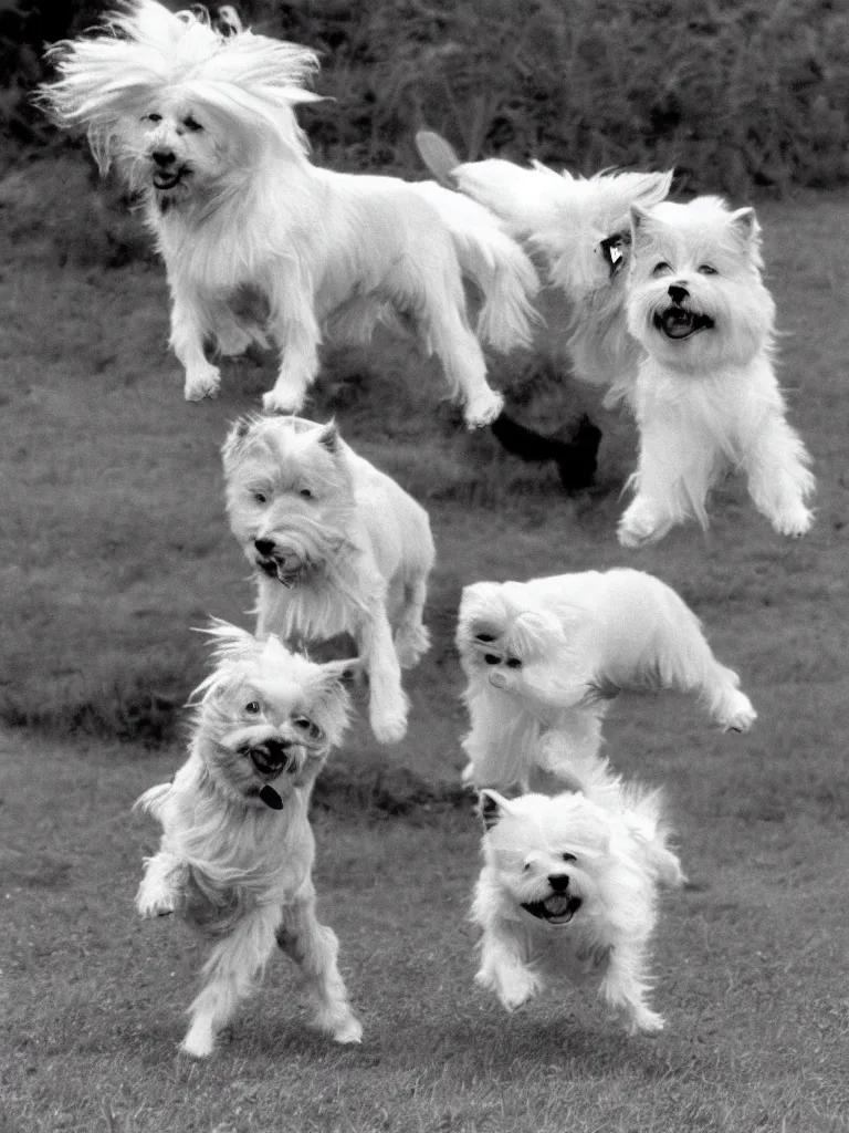 Image similar to a gray german spitz fights a white west highland terrier, disney style, 1 9 7 0 s