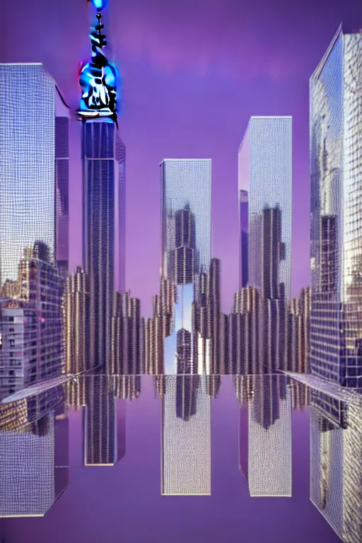 Prompt: a futuristic photo - realistic new york city in shiny crystalline, mirrored buildings : 8, purple lightening : 1 2, octane render, clouds : 5, violet sun : 9, in the style of sahm : 2 8, hd, ultra - realistic, hyper - realistic, digital art,