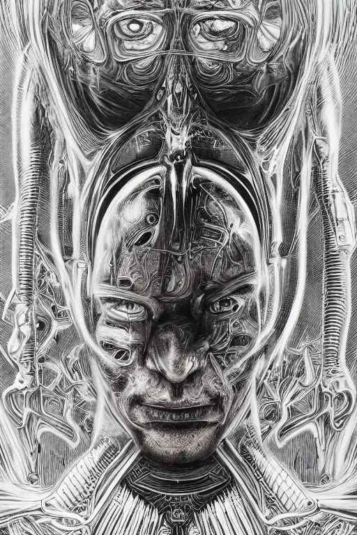 Image similar to portrait of keanu reeves, hyperdetailed, nightmare, abomination, ultrarealistic, cyberpunk, dramatic, symmetrical, by h. r. giger and zdislaw beksinski and artgerm, science fiction, alien, religious art, mandelbrot fractal, trending on deviantart