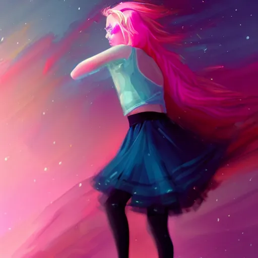 Image similar to colorful and festive captivating teenager girl with pink hair, cyan top crop, black skirt, black leggings, cute look. rich vivid colors, ambient lighting, dynamic lighting, 4 k, atmospheric lighting, painted, intricate, highly detailed by charlie bowater