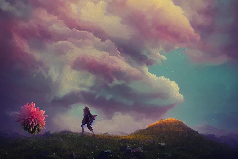 Image similar to giant dahlia flower as a head, girl walking on mountain, surreal photography, stars, dramatic light, impressionist painting, storm clouds, digital painting, artstation, simon stalenhag