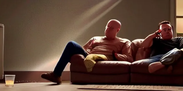 Image similar to full room shot of sad bald poor elon musk drinking a can of beer in the couch while watching tv in a dirty house, very realistic photograph, cinematic lighting, dardenne brothers, trailer park boys