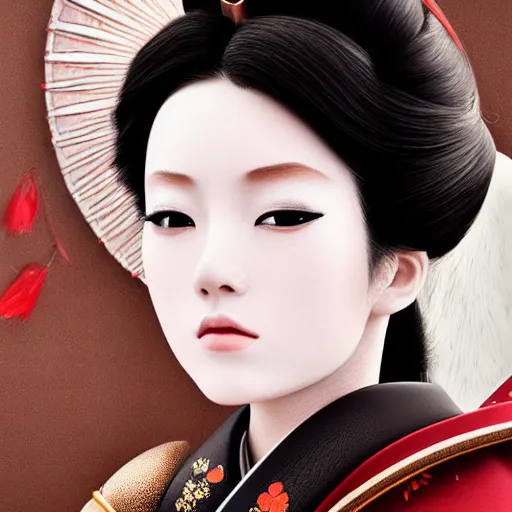 Prompt: a beautiful female photo, japanese geisha. professionally retouched, soft lighting, wearing armour, realistic, smooth face, perfect eyes, wide angle, sharp focus on eyes, 8 k high definition, insanely detailed, intricate, elegant, art by artgerm and wlop