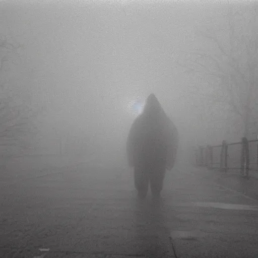 Prompt: a horrific creature in the fog, 3 5 mm, film shot, cctv footage