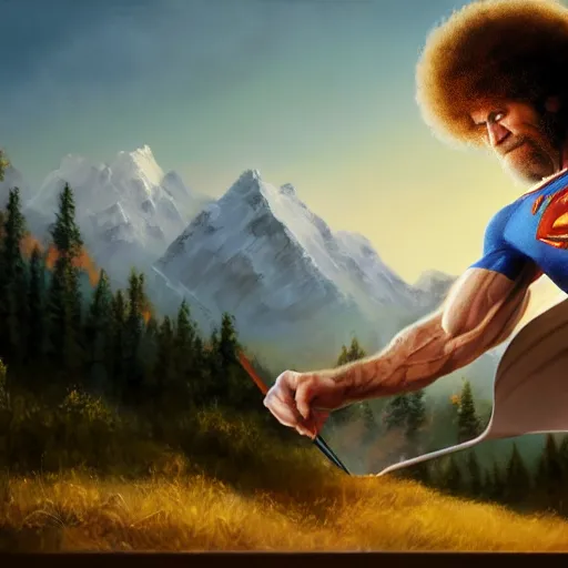 Image similar to a closeup photorealistic photograph of bob ross working on a canvas painting of superman. film still. brightly lit scene. mountains and trees. this 4 k hd image is trending on artstation, featured on behance, well - rendered, extra crisp, features intricate detail, epic composition and the style of unreal engine.