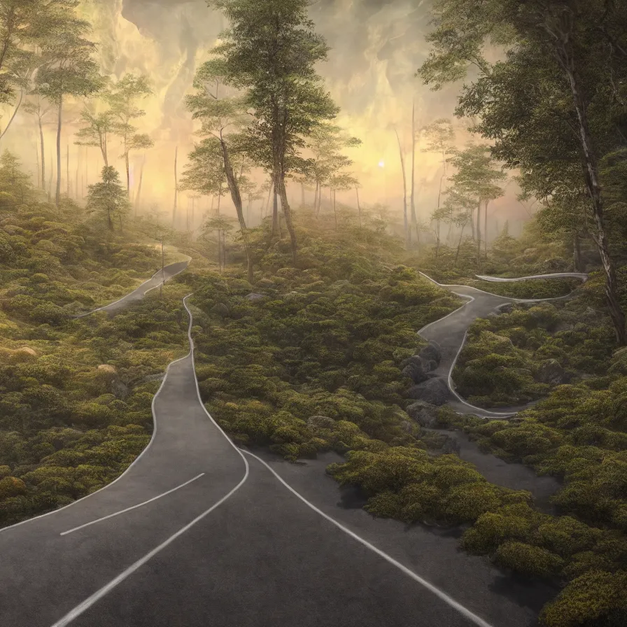 Prompt: surrealist abstract artwork of a highway road leading to the horizon through a thick forest down a rocky mountain coast towards the sunset. atmospheric landscape, soft tones, psychedelic, ultra realistic, concept art, modern art, photorealistic, octane render. art by nori inoguchi and sam kaplan and zachary goulko and christopher marley