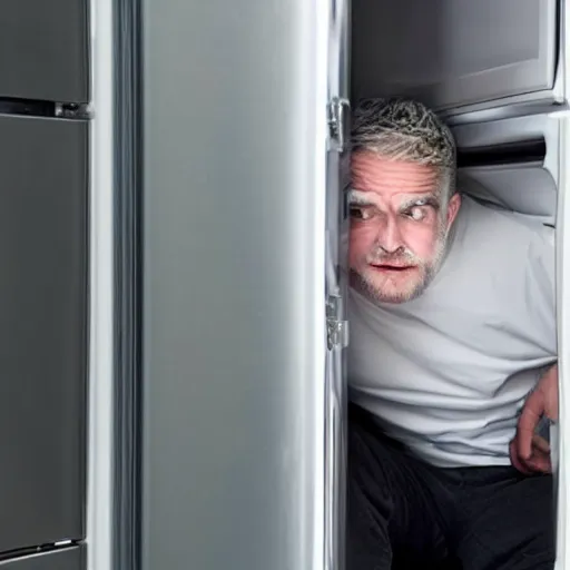 Prompt: man hiding inside a refrigerator