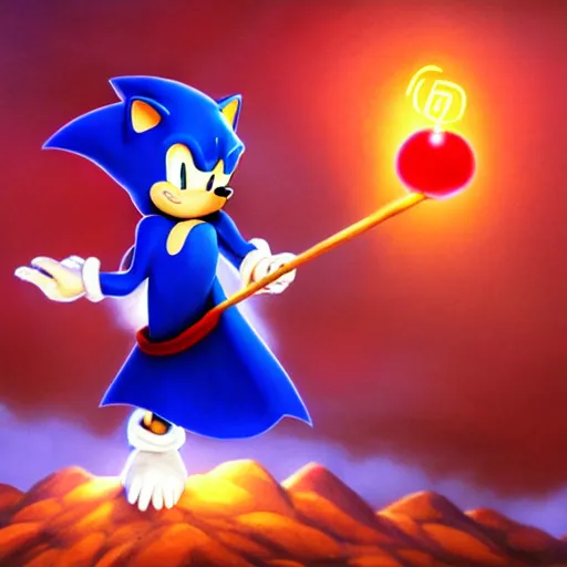 Prompt: red headed woman dressed in dark blue wizard robes holding a wooden staff covered in glowing red runes topped with a glowing gem. sonic the hedgehog stands beside her background of snowy mountains. fantasy painting.