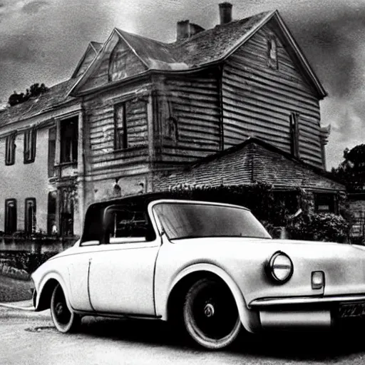 Image similar to an oldie car with turbine, cyber punk, house in background, detailed, award winning, masterpiece, photograph, cinematic, black-white retro photo 1910