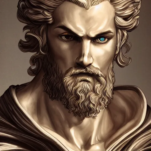 Image similar to portrait of zeus, baroque style, elegant, beautiful, mesmerizing, concept art, fancy clothing, highly detailed, artstation, behance, deviantart, inspired by innocent manga, inspired by castlevania concept art, trending, ayami kojima, shinichi sakamoto