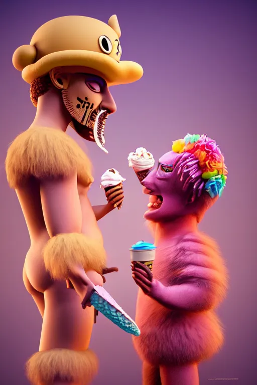 Image similar to high quality 3 d render hyperrealist very cute pastel fluffy! aztec warrior & quetzalcoatl eating giant ice cream, vray smooth, in the style of watchmen, hannah yata, very dramatic light, low angle, uhd 8 k, shallow depth of field