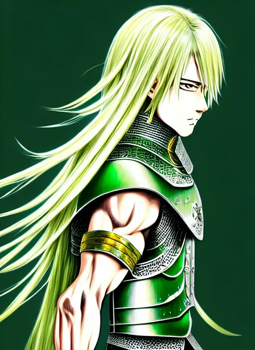 Prompt: a detailed manga full body portrait illustration of a man with long blonde hair wearing bladed jade green armour by hirohiko araki, detailed artwork, realism, 4 k resolution, detailed, high quality, sharp focus, hq artwork, insane detail, volumetric lighting, character concept art, fine details, clear subject, central subject