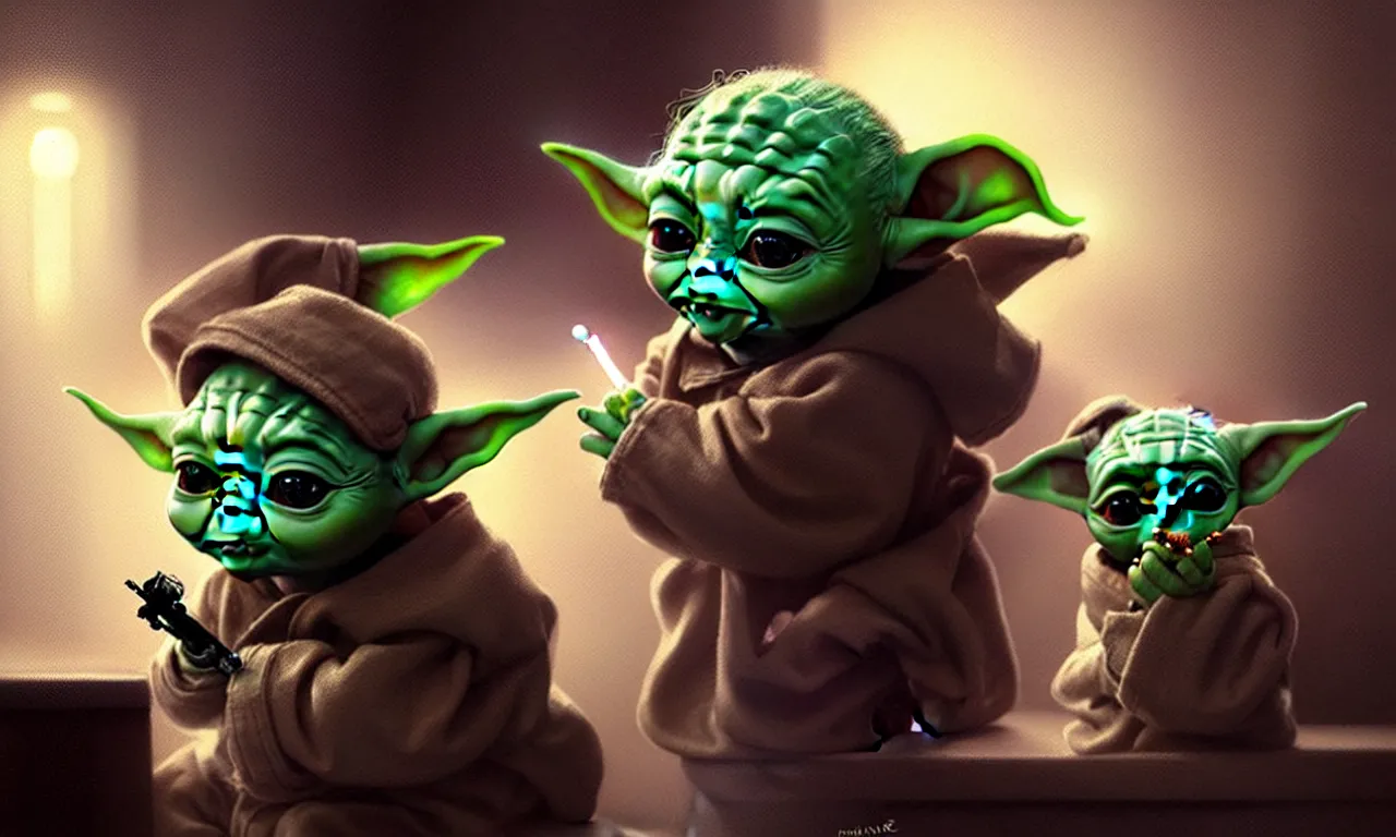 Image similar to Baby yoda smoking a crack pipe at night in a dark corner, intricate, elegant, sharp focus, illustration, highly detailed, digital painting, concept art, matte, art by WLOP and Artgerm and Greg Rutkowski and Alphonse Mucha, masterpiece