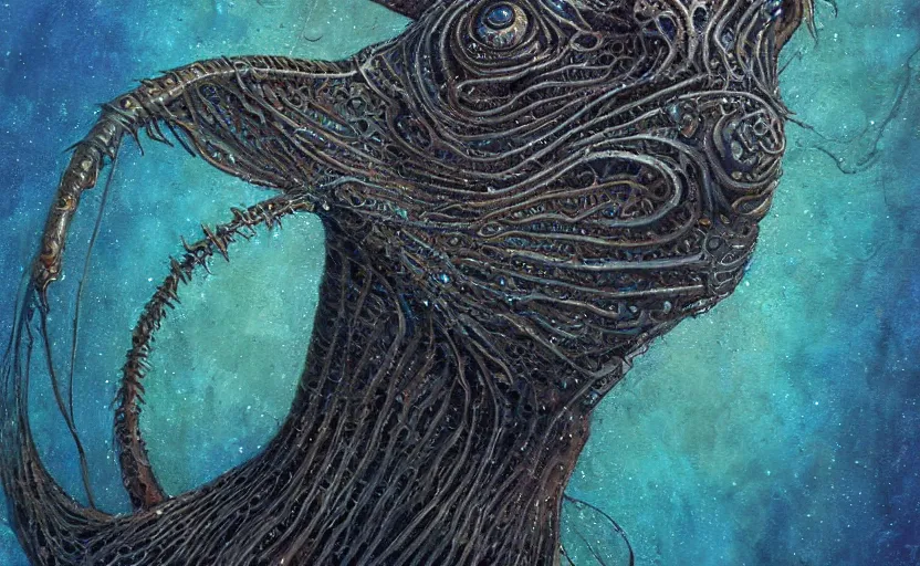 Prompt: a close up of a painting of a Kelpie underwater, an ultrafine detailed painting by John Howe, by György Vastagh, by Jeffrey Smith, behance contest winner, space art, acrylic pour, lovecraftian, cosmic horror, biomorphic, hyper realsim