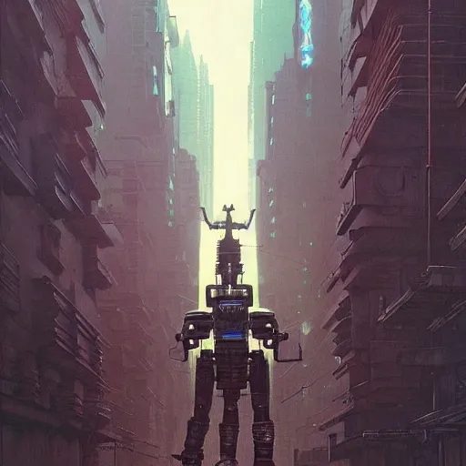 Prompt: mayan cyberpunk robot striding through streets of city, perfectly clear face, shadow of the colossus screenshot by j. c. leyendecker, simon stalenhag, studio ghibli, and beksinski