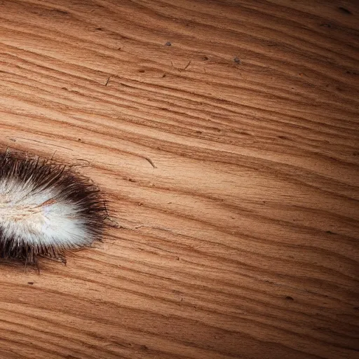 Prompt: hyper-detailed still life photo of a toenail clipping on a dusty hardwood floor, a fallen bear hair lays nearby. Soft lighting