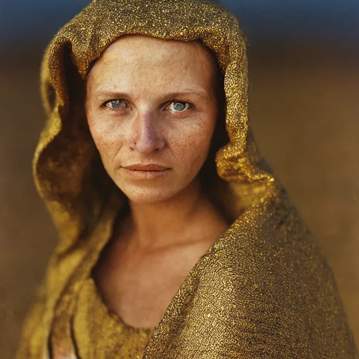 Image similar to closeup portrait of a woman wearing a cloak made of gold, standing in a landfill, by Annie Leibovitz and Steve McCurry, natural light, detailed face, CANON Eos C300, ƒ1.8, 35mm, 8K, medium-format print