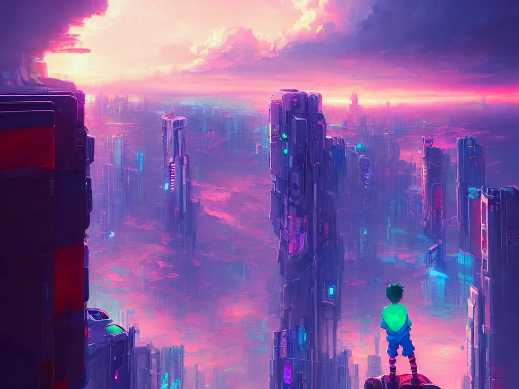 Image similar to a painting of a boy on top of a building watching a colorful sunrise futuristic city surrounded by clouds, cyberpunk art by yoshitaka amano and alena aenami, cg society contest winner, retrofuturism, matte painting, apocalypse landscape, cityscape