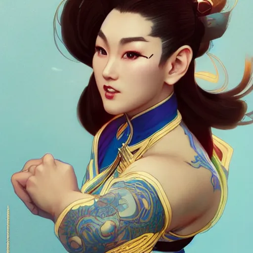 Image similar to Chun Li wearing a qipao, highly detailed, digital painting, artstation, concept art, sharp focus, illustration, cinematic lighting, art by artgerm and greg rutkowski and alphonse mucha