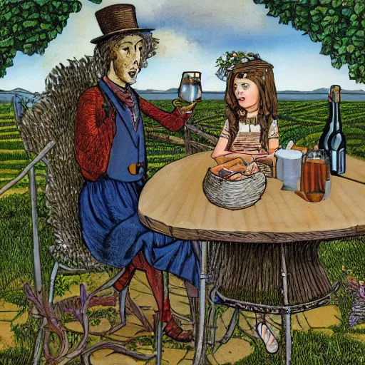Prompt: girl and boy sitting at table in garden. on the table there is beer and wine. folk horror style art. detailed. arbour