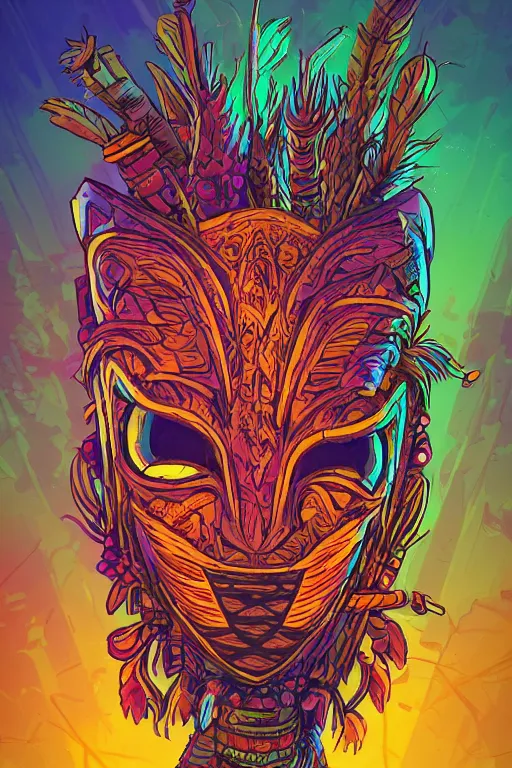 Image similar to totem animal tribal chaman vodoo mask feather gemstone plant wood rock video game illustration vivid color borderlands by josan gonzales and dan mumford radiating a glowing aura