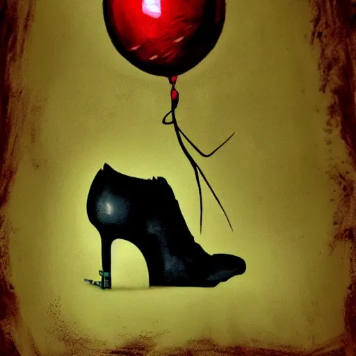 Image similar to grunge painting of a shoe with a wide smile and a red balloon by tim burton, loony toons style, pennywise style, corpse bride style, rick and morty style, creepy lighting, horror theme, detailed, elegant, intricate, conceptual