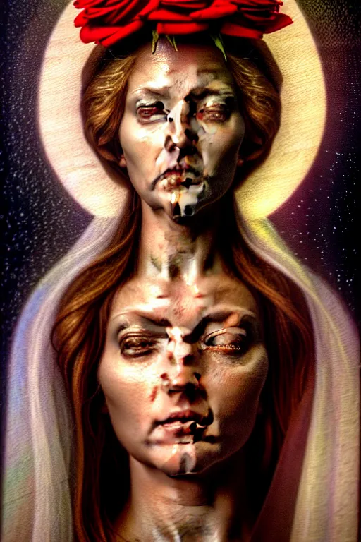 Image similar to hyperrealistic mixed media painting of Mother Mary, a halo about her head, holding a red rose!! traditional beauty, stunning 3d render inspired art by P. Craig Russell and Barry Windsor-Smith + perfect facial symmetry + dim volumetric lighting, 8k octane beautifully detailed render, post-processing, extremely hyperdetailed, intricate, epic composition, grim yet sparkling atmosphere, cinematic lighting + masterpiece, trending on artstation, very very detailed, masterpiece, stunning