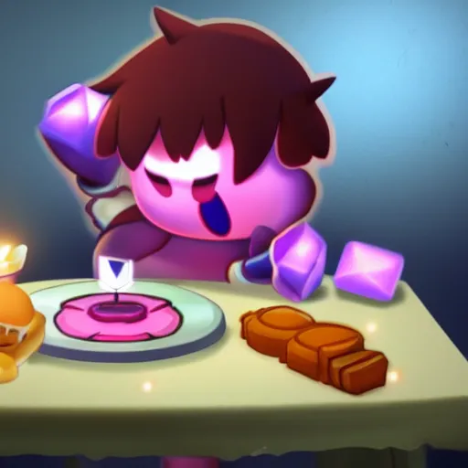 Image similar to kirby eating dinner with companion cube from the game portal, romantic, candlelight