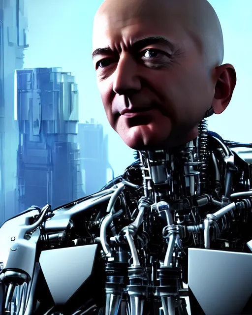 Image similar to portrait of Jeff Bezos as a sophisticated and intricate biomechanical Terminator, fantasy cyberpunk, Unreal Engine, hyper detailed, cinematic post-processing