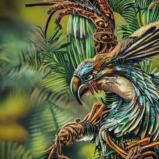 Image similar to photo of an intricate jungle scene showing a bird with six arms, covered in feathers. extreme detail, hyperrealistic photo, gloomy