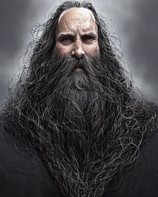 Image similar to portrait of a 6 0 - year - old giant man with long tangles of bushy black hair and beard hiding most of his face, wearing in black cloak, hyper realistic face, beautiful eyes, character art, art by mark brooks, hyperdetailed, cryengine, trending on artstation, digital art