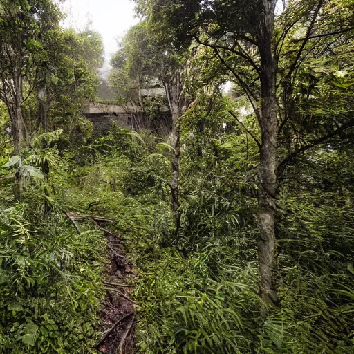 Image similar to a long abandoned city overgrown with vegetation