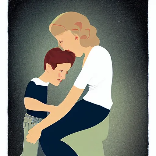 Image similar to beautiful cinematic style illustration where a mother appears with her happy son