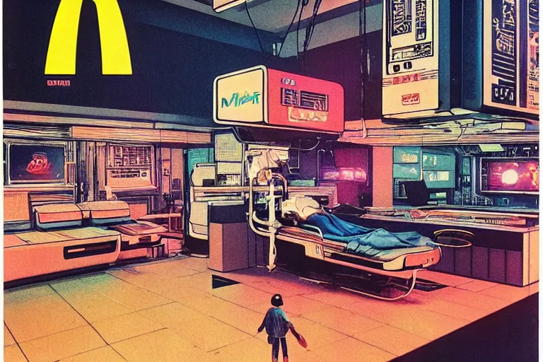 Image similar to 1 9 7 9 omni magazine cover depicting a surgical suite inside of a mcdonald's in neo - tokyo. in the style of bladerunner concept art by syd mead