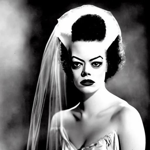 Image similar to emma stone as the bride of frankenstein, 1 9 3 5, universal, movie, photography, portrait, beautiful,