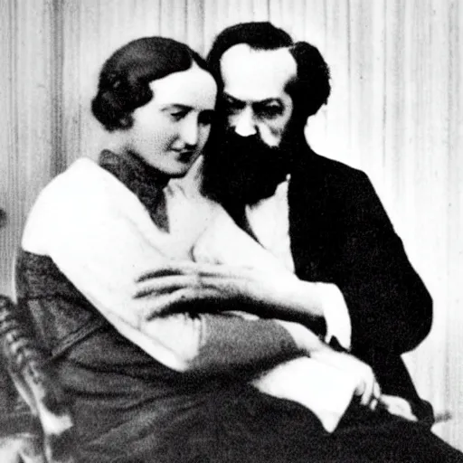 Prompt: Karl Marx and Ayn Rand hugging, photo, 1920